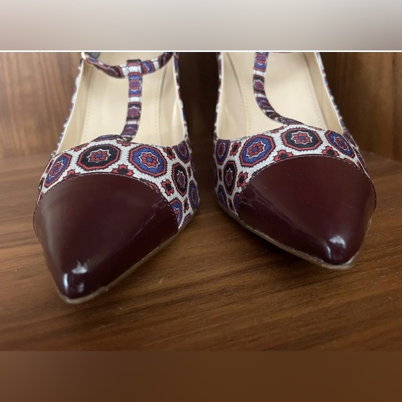 Rare EUC JCREW Everly T-Strap Cap Toe Pump 7.5 Ratti Silk Foulard Burgundy Multi - Picture 10 of 12